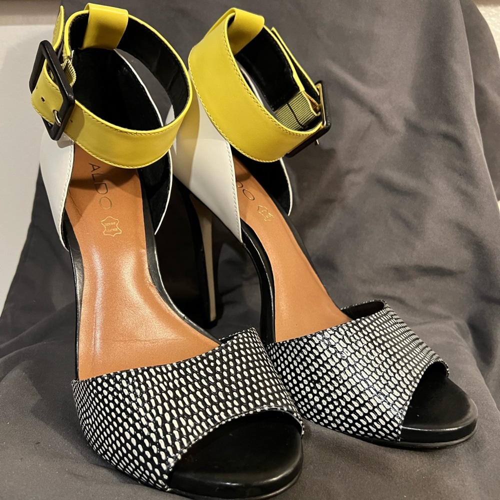 Aldo’s dressy 5 inch open toe stiletto two tone heels with ankle strap